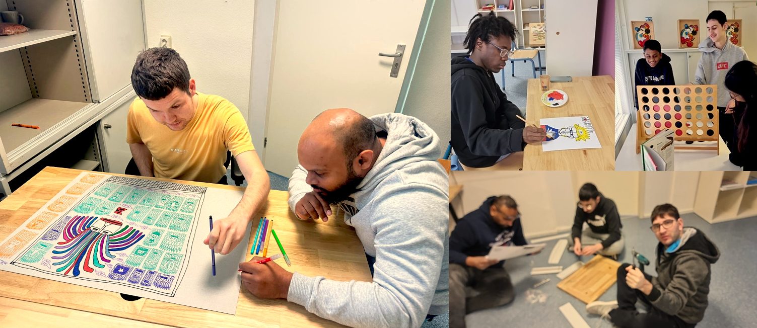 Collage van talenten die samen kleuren, een spel spelen en een activiteit voorbereiden